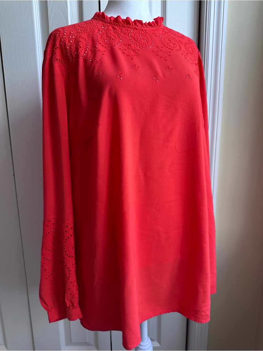 LOFT Bright Coral-Red Eyelet Blouse 🔥